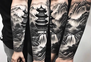 forearm sleeve traditional chinese art painting style Chinese temple two old men wearing robes and drinking tea mountains mist fog waterfall tattoo idea
