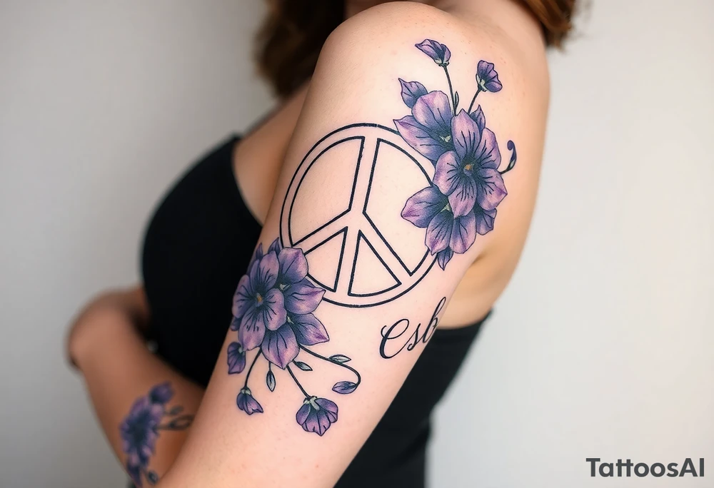 peace symbol intertwined with violets Pisces symbol, dog prints, amethyst, initials csb in cursive font tattoo idea
