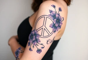 peace symbol intertwined with violets Pisces symbol, dog prints, amethyst, initials csb in cursive font tattoo idea
