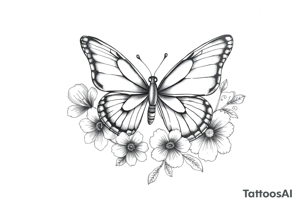 butterfly with one wing side  birth flowers around (February birth flower, March birth flower, april birth flower, august birth flower, november birth flowe, september birth flower, december birth flower) tattoo idea