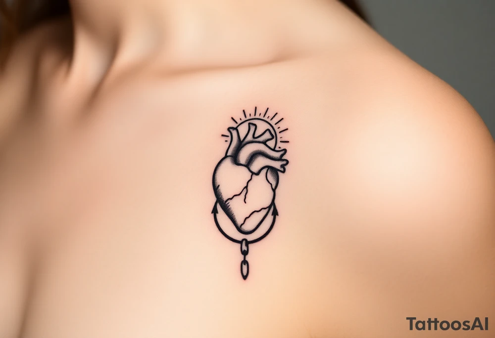 human heart chained within circle sun with a moon inside tattoo idea