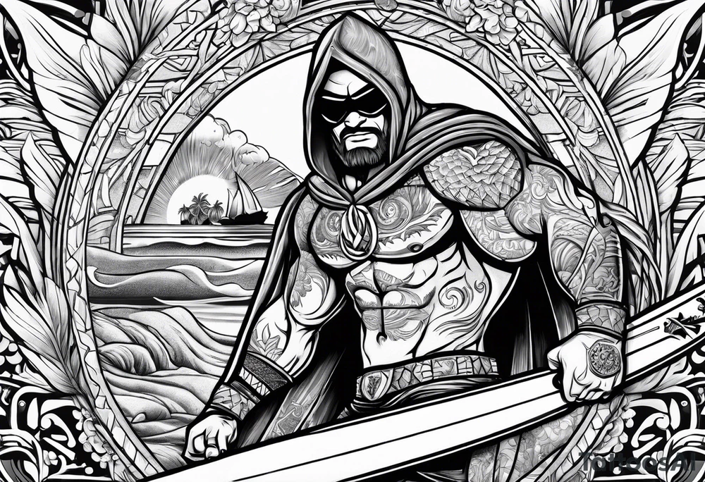 beachbum superhero on a surfboard with tiki guys tattoo idea