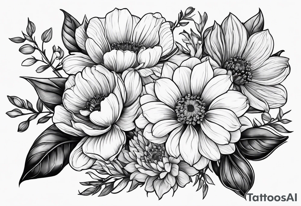 Birth flowers for April, June, July, September, October in a bouquet tattoo idea