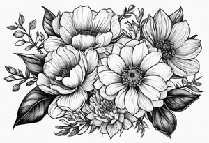 Birth flowers for April, June, July, September, October in a bouquet tattoo idea