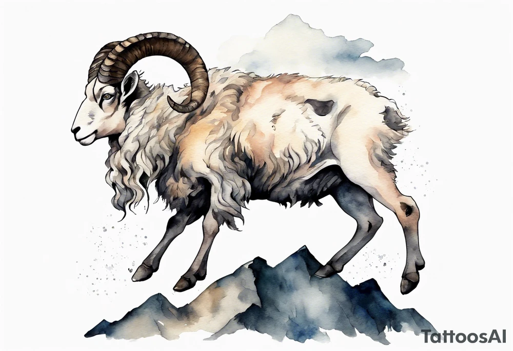 a solitary muscular man with the head of a big-horned sheep, with the feet of a sheep, on a mountain tattoo idea