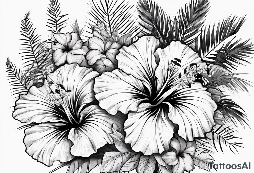 Hibiscus is very tropical with palm trees, tiger, surrounded with flowers tattoo idea