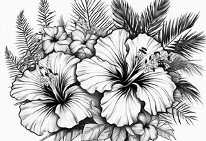 Hibiscus is very tropical with palm trees, tiger, surrounded with flowers tattoo idea