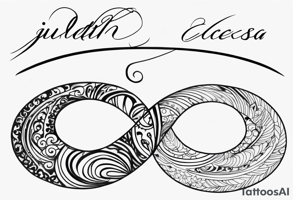 A cool pretty fore arm tattoo of name Judith Leeanna Ball on top and name Judith Catessa Rae Griffey on the bottom with a infinity sigh in the middle tattoo idea