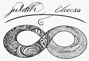 A cool pretty fore arm tattoo of name Judith Leeanna Ball on top and name Judith Catessa Rae Griffey on the bottom with a infinity sigh in the middle tattoo idea