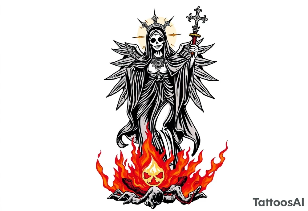 Magnificent Santa muerte rising out of the ashes of hell to claim a soul tattoo idea