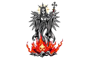 Magnificent Santa muerte rising out of the ashes of hell to claim a soul tattoo idea