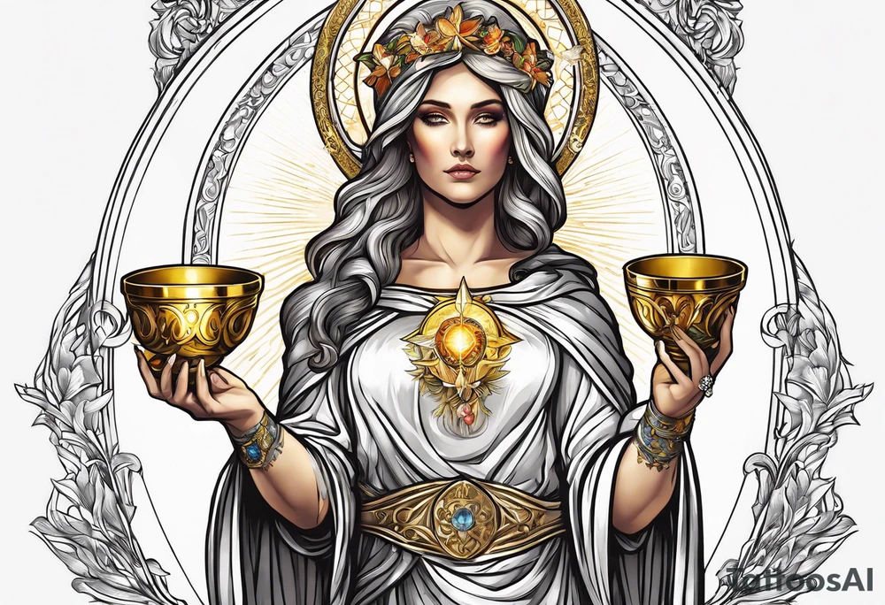 holy saint woman with golden halo holding a chalice tattoo idea