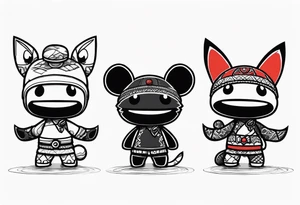 Three sackboy from "litten big planet" in a row tattoo idea