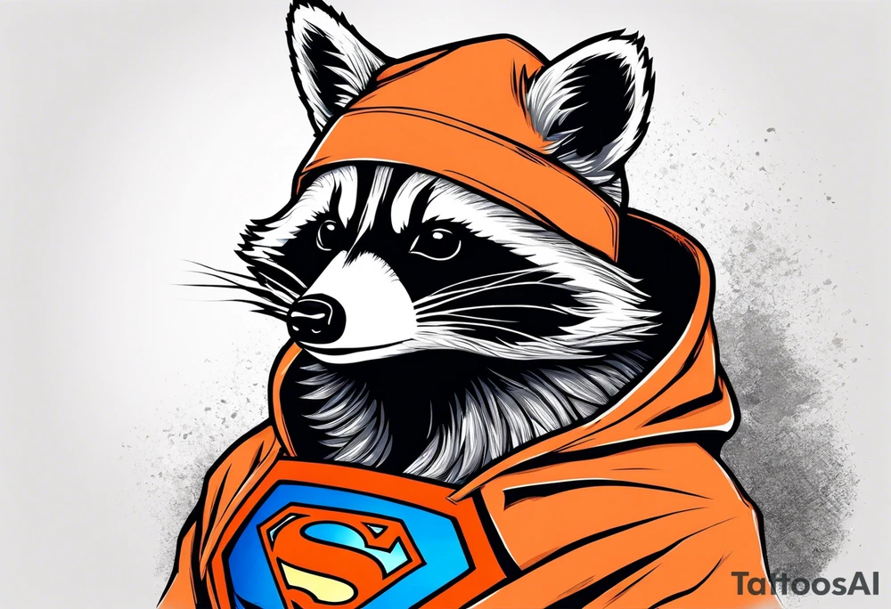 Raccoon wearing an orange Superman hoodie tattoo idea