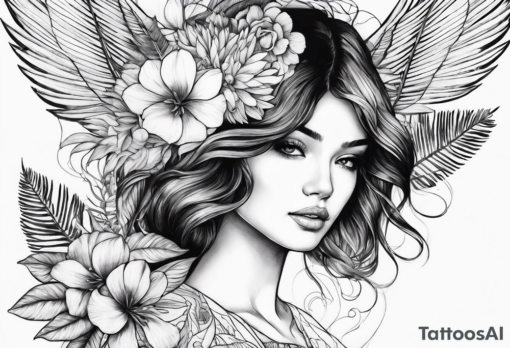 wing, flower, palm, sea tattoo idea