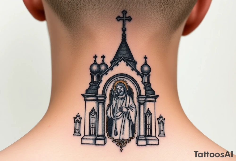 medium sized Russian orthodox church with bulb domes with a prominent russian orthodox mosaic jesus tattoo idea