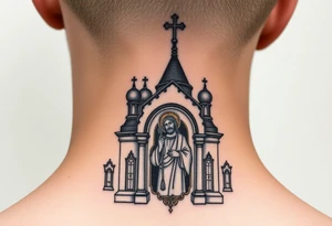 medium sized Russian orthodox church with bulb domes with a prominent russian orthodox mosaic jesus tattoo idea