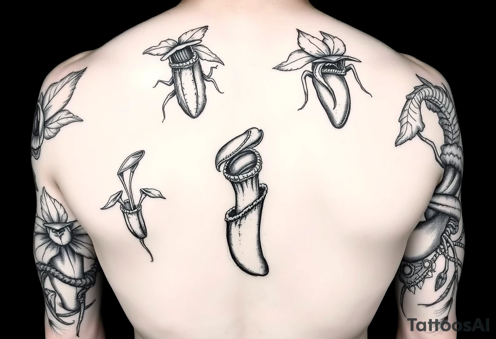 carnivorous plants neck, chest, back, and arm sleeves
I want these spots covered in these plants, ranging from venus fly traps to others tattoo idea
