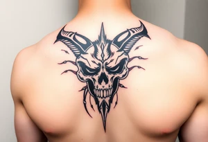 Demon skull black and red on left chest male tattoo idea