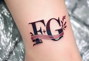 Tattooed Ribbon Monogram – Navy and burgundy “F + G” with a ribbon weaving through the letters like a 3D banner. tattoo idea