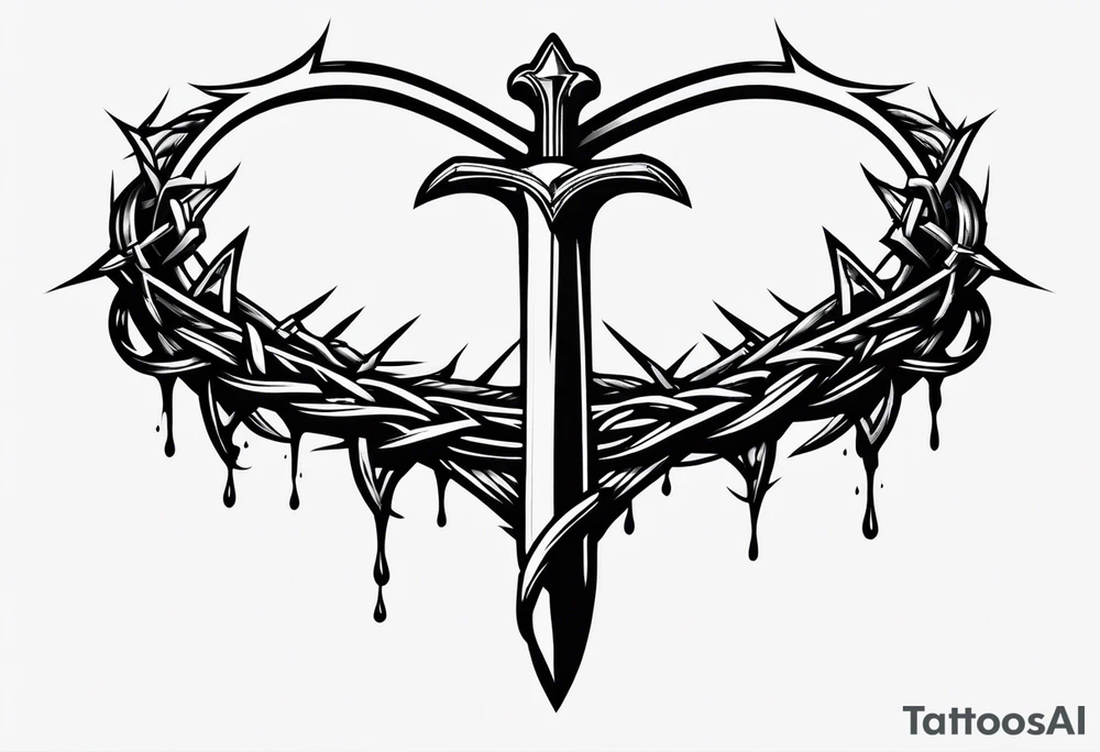 A simple design of a crown of thorns resting on the guard of a sword that is piercing a heart tattoo idea