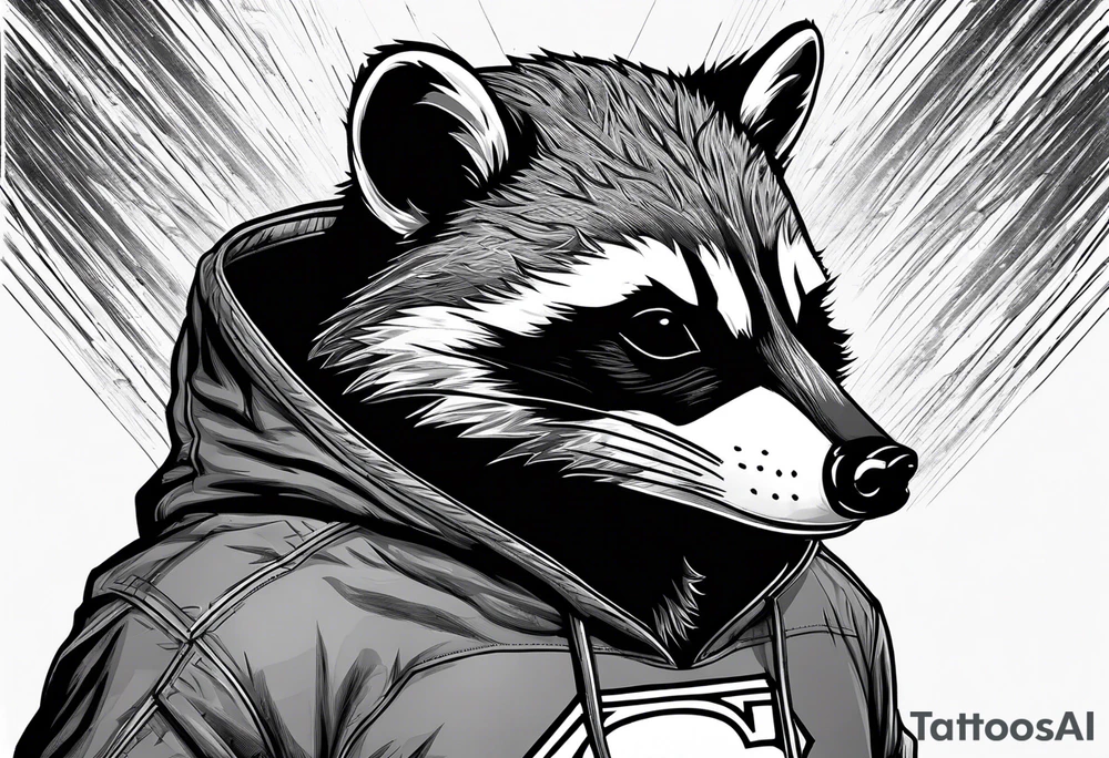 raccoon wearing a Superman hoodie with classic Superman logo tattoo idea