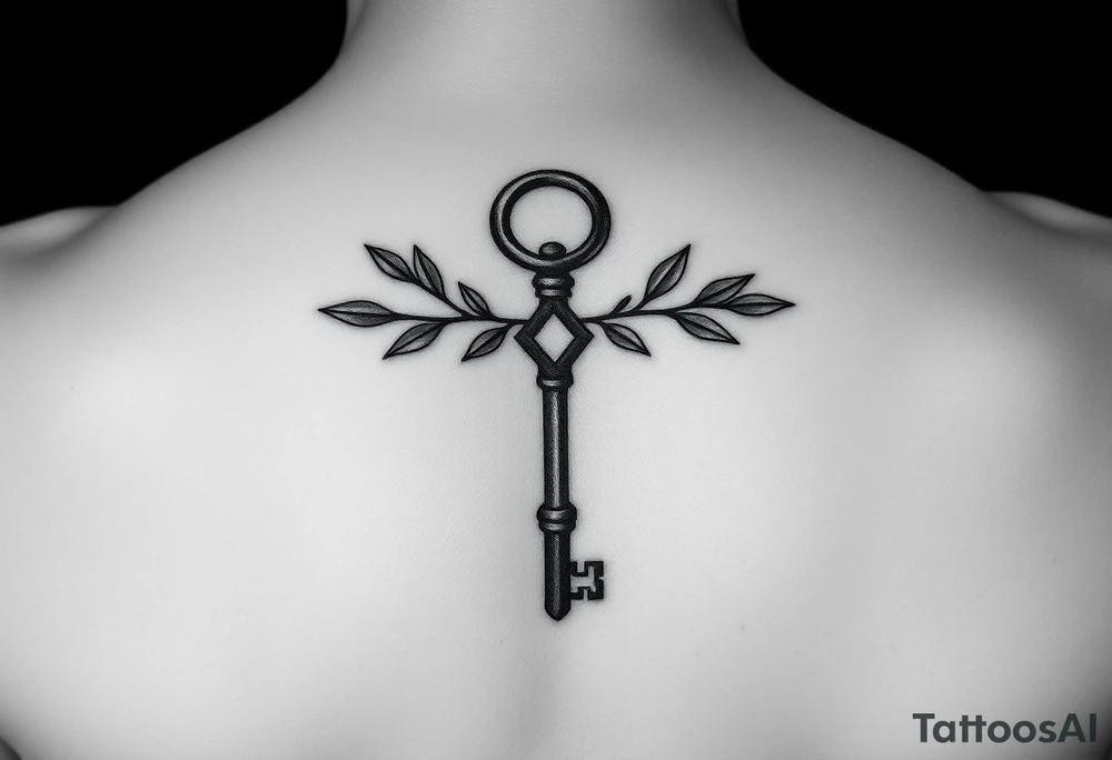 A metal key with olive branches around it tattoo idea