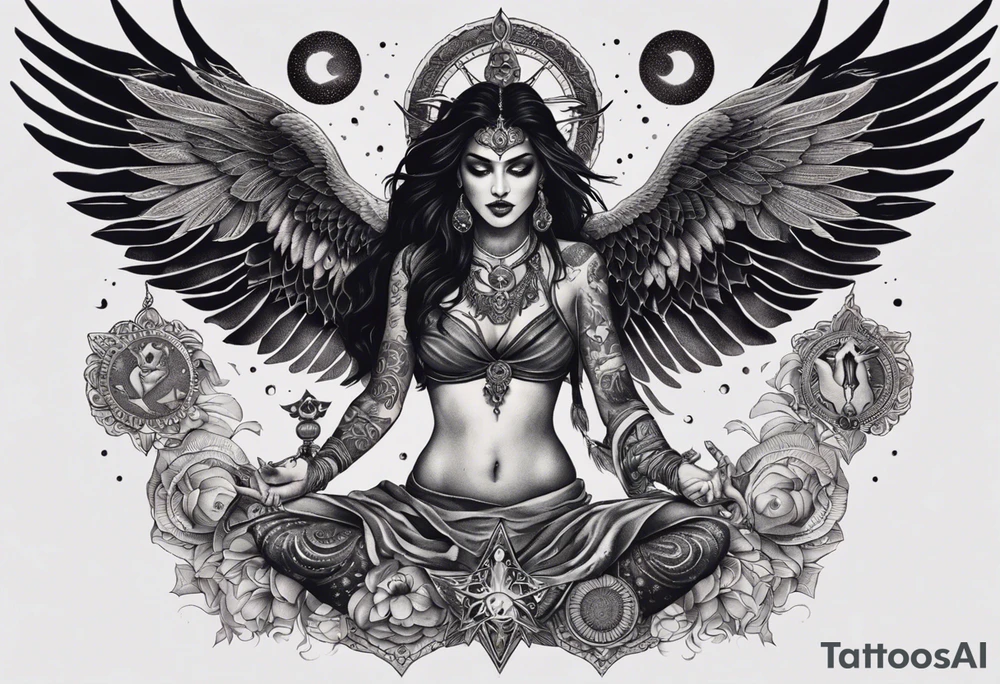 black kali, goddess pirate, alien, angel, pachamama, valkrye, warrior, flying, skull, lotus azul, wing, eagle, zenza resonance, stars, 5D, anahata chakra, death, durga, riding on a tiger, flying lady, kundalini, chest tatoo, rebel tattoo idea
