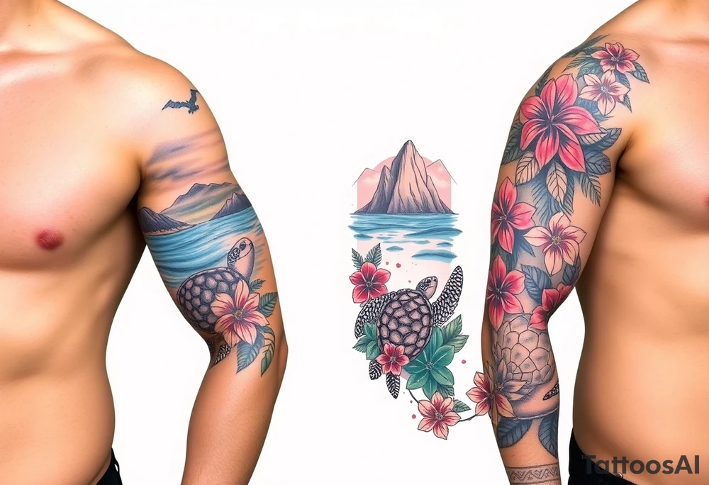 half sleeve, hawaiian theme, with water, mountains, tropical flowers, turtles. and disneys moana  characters tattoo idea