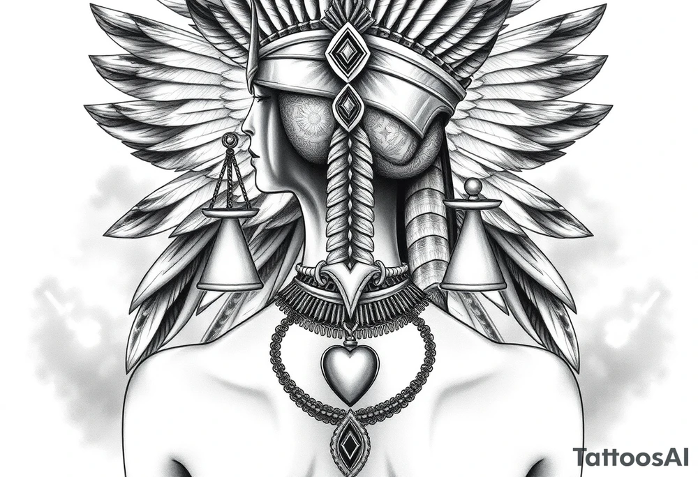 Beautiful Egyptian goddess and elegant body, depicted as a regal woman with an ostrich feather headdress, and intricate ancient Egyptian jewelry such as the Anhk necklace. Background includes something similar to heaven. Incorporate the Scales of Justice—one side holding a heart, the other Ma’at’s feather—glowing with ethereal energy. Emphasize dramatic lighting, deep shadows, and surreal, mystical atmosphere tattoo idea