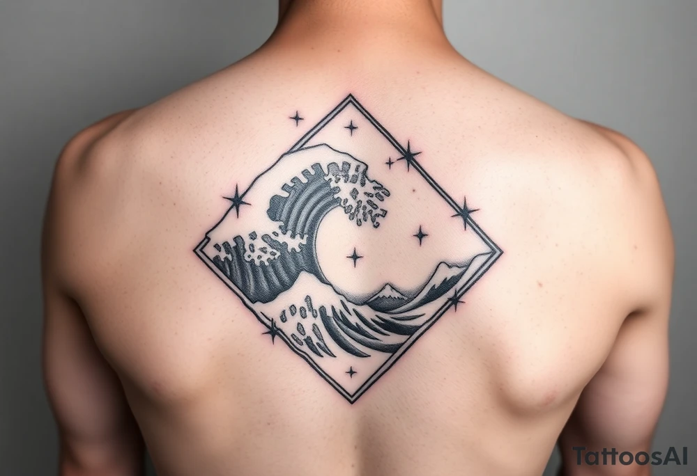 A powerful wave with stars inside of a diamond tattoo idea