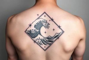 A powerful wave with stars inside of a diamond tattoo idea