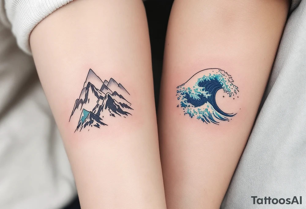 One wears a mountain range in earthy gray tones, and the other an ocean wave in blue and teal, representing strength and flow. tattoo idea