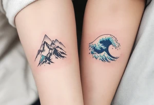 One wears a mountain range in earthy gray tones, and the other an ocean wave in blue and teal, representing strength and flow. tattoo idea
