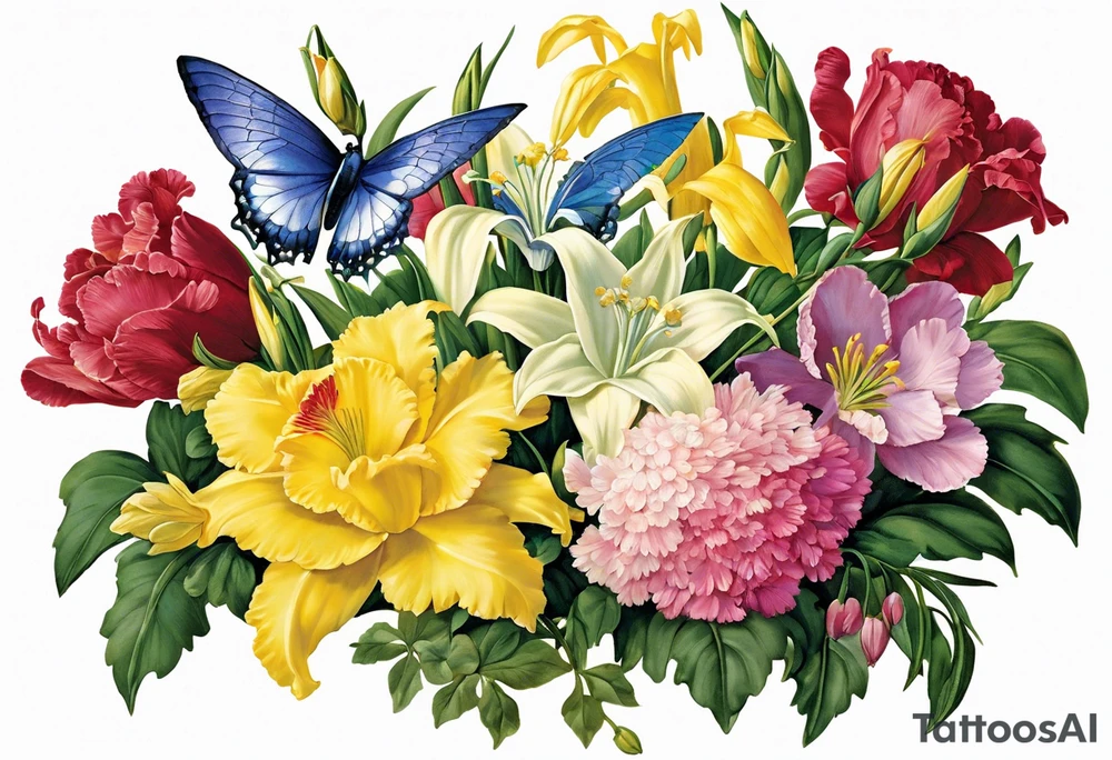 Humingbird made out of Carnation, Snowdrop, Violet, Primrose, Daffodil, jonquil, Lily of the Valley, Hawthorne, Rose, Honeysuckle, Larkspur, Water Lily, Gladiolus & Poppie, Aster, Morning Glory, Chrysanthemum,  Peony, Holly, Narcissus tattoo idea