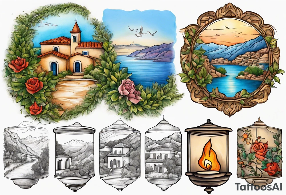 create Mediterranean climate with mountain in the background, add an oak tree, rose bush, dove with olive leaf, singing nightingale, lantern with a lit candle. tattoo idea