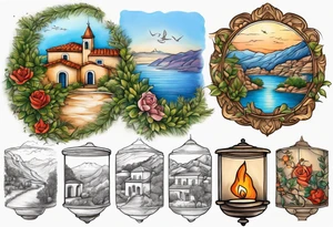 create Mediterranean climate with mountain in the background, add an oak tree, rose bush, dove with olive leaf, singing nightingale, lantern with a lit candle. tattoo idea