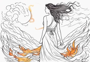 Resurrection strength and courage overcoming trauma Beautiful Woman walking away fire and chaos to inner peace and self-love  ethereal tattoo idea