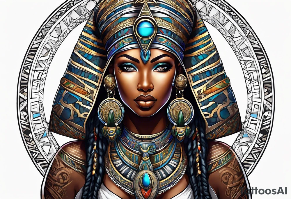 African Goddess wearing the eye of Horus and Ankh symbol tattoo idea