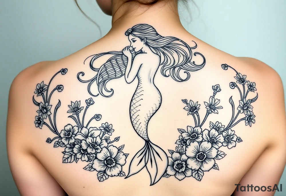 ethereal mermaid with flowing hair among coral and sea flowers and snakes around tattoo idea