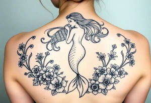 ethereal mermaid with flowing hair among coral and sea flowers and snakes around tattoo idea