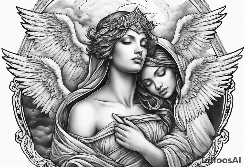 one big hooded angel with 3 angels flying in the back with shading and clouds tattoo idea