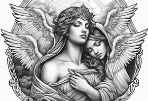 one big hooded angel with 3 angels flying in the back with shading and clouds tattoo idea