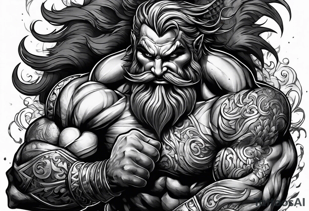 full body strong mythical giant turned to the side about to punch something stipple shading tattoo idea