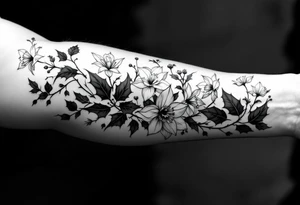 starting from a band mid-forearm, a sleeve of holly flowers and daffodils tattoo idea