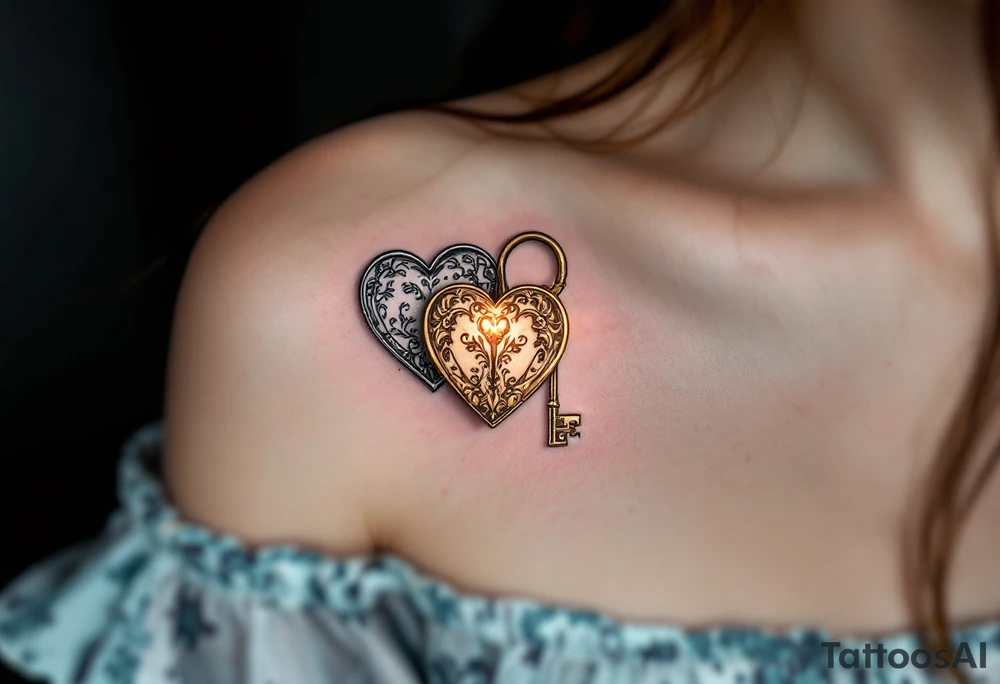 Two Halves of a Heart-Shaped Lock and Key – One half features a silver heart-shaped lock with floral engravings, the other a golden antique key glowing subtly with warmth. tattoo idea