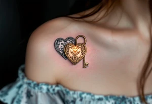 Two Halves of a Heart-Shaped Lock and Key – One half features a silver heart-shaped lock with floral engravings, the other a golden antique key glowing subtly with warmth. tattoo idea