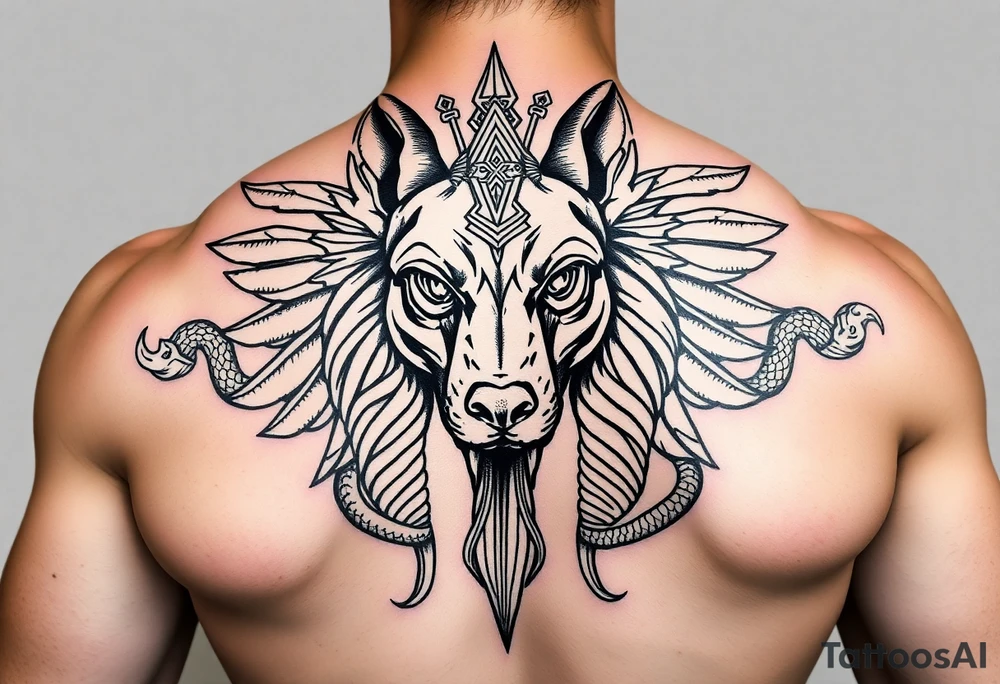 Egyptian Anubis god face muscle in Egypt style dog face surrounded Egyptian symbols and snakes full back tattoo idea