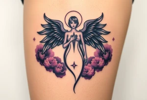 A celestial seletal angel figure  with dark wings and a radiant star in the center of its chest, surrounded by clouds of dark blue and deep purple. tattoo idea