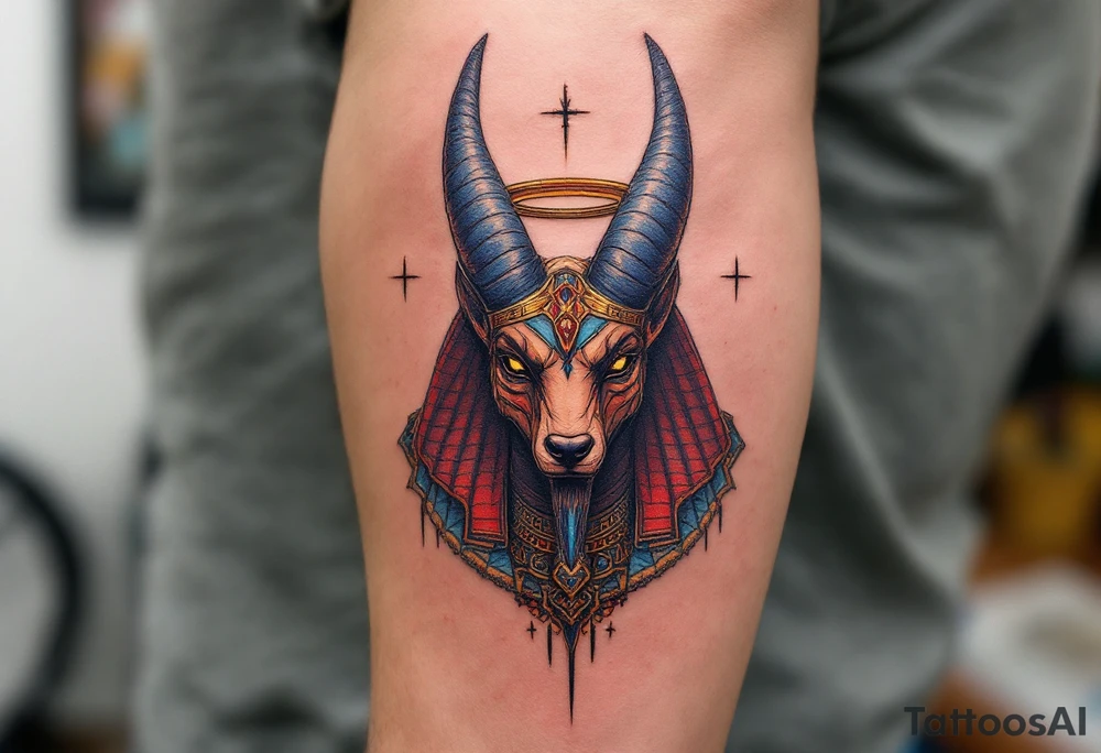 An Anubis with a Halo - Blending Egyptian mythology with Christian spirituality (only red , blue and black are possible colors) tattoo idea